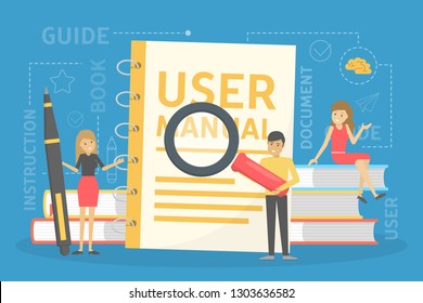 User manual concept. Guide book or instruction. Guidance and tutorial for for users. Handbook and people around. Vector illustration in cartoon style