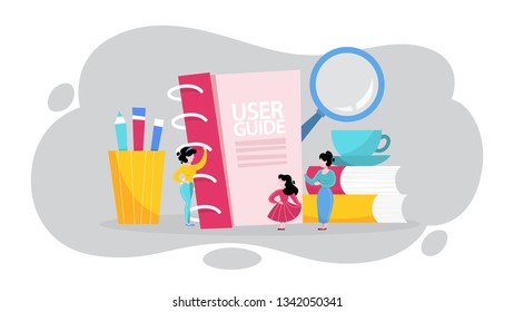 User manual concept. Guide book or instruction. Guidance and tutorial for for users. Handbook and people around. Vector illustration in cartoon style