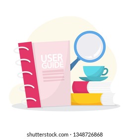 User manual concept. Guide book or instruction. Guidance and tutorial for for users. Handbook and people around. Vector illustration in cartoon style