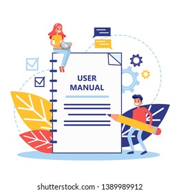 User manual concept. Guide book or instruction. Guidance and tutorial for for users. Handbook and people around. Vector illustration in cartoon style
