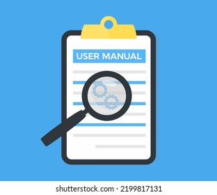 User manual concept, guidebook, instruction document, logo design. Document specification requirements, Instructions for use. Сustomer guide, useful information vector design and illustration.