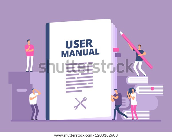 User manual\
concept. People with guide instruction or textbooks. User reading\
guidebook and writting guidance. Vector illustration. Manual book\
instruction, handbook help\
guide