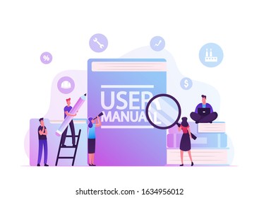 User Manual Concept. People with Some Office Stuff Discussing Content of Guide. Requirements Specifications Document. People Read Book with Instructions for Equipment. Cartoon Flat Vector Illustration