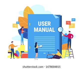 User manual concept. Small people with guide instruction or textbooks. User reading guidebook and writting guidance. Vector illustration. Manual book instruction, handbook help guide