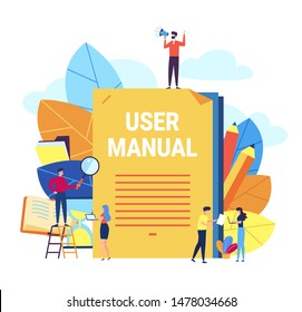 User manual concept. Small people with guide instruction or textbooks. User reading guidebook and writting guidance. Vector illustration. Manual book instruction, handbook help guide