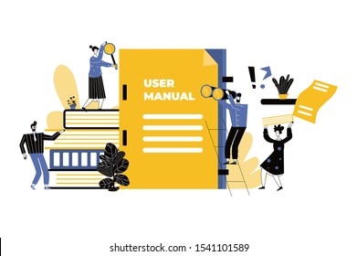 User manual concept. Small people with guide instruction or textbooks. User reading guidebook and writing guidance. Vector illustration. Manual book instruction, handbook help guide