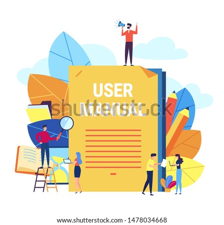 User manual concept. Small people with guide instruction or textbooks. User reading guidebook and writting guidance. Vector illustration. Manual book instruction, handbook help guide