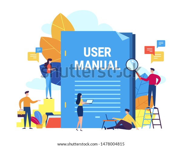 User manual\
concept. Small people with guide instruction or textbooks. User\
reading guidebook and writting guidance. Vector illustration.\
Manual book instruction, handbook help\
guide