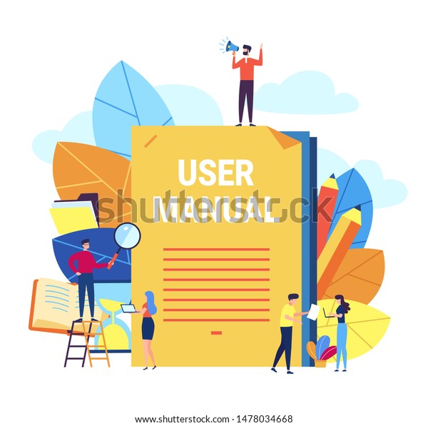 User manual\
concept. Small people with guide instruction or textbooks. User\
reading guidebook and writting guidance. Vector illustration.\
Manual book instruction, handbook help\
guide