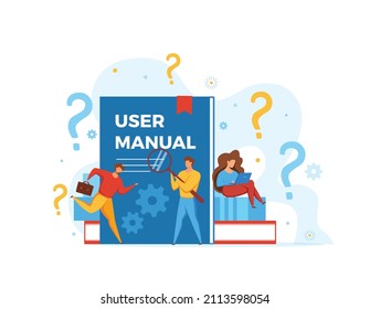 User manual concept vector illustration. People looking at user manual book with guide, operating instructions, requirements and specifications document using magnifying glass. Design template concept