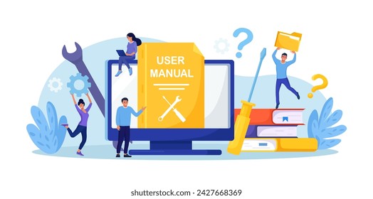 User manual. Customer find answers online in internet. Business person reading user guide or textbook on monitor. Q and A. FAQ and instructions