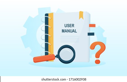 User manual document concept. Requirements and specifications document. Magnifier icon and question mark with gears on the blue background