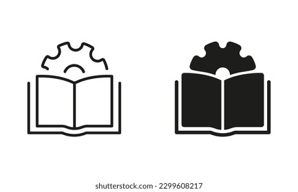 User Manual Document Line and Silhouette Icon Set. Technical Guide Book Pictogram. Customer Guide, Technical Documentation. Open Book and Gear Symbol Collection. Isolated Vector Illustration.