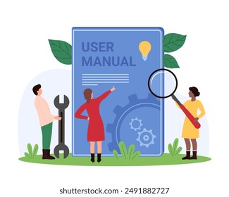 User manual and FAQ, book with policy documents and instructions to solve problem. Tiny people read guidance handbook with magnifying glass, research answer to question cartoon vector illustration