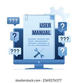 Manual de usuario, faq o tutorial en pantalla de monitor. Guía para clientes. Burbujas de voz haciendo preguntas alrededor de la computadora. Conversación en línea, soporte y contexto de la ayuda al cliente. Ilustración del vector