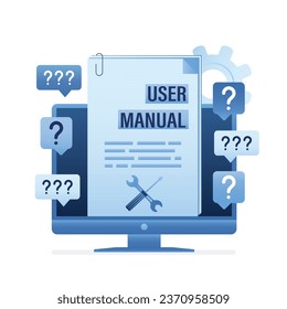 User manual, faq or tutorial on monitor screen. Guidebook for clients. Speech bubbles asking questions around computer. Online chat, support and customer help concept background. Vector illustration