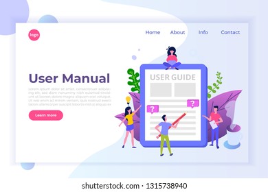 User manual  flat style concept. People with guide instruction are discussing about content of handbook. Vector illustration.