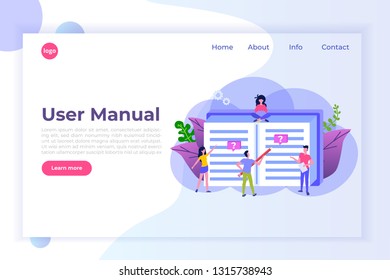 User manual  flat style concept. People with guide instruction are discussing about content of handbook. Vector illustration.