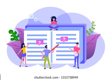 User manual  flat style concept. People with guide instruction are discussing about content of handbook. Vector illustration.