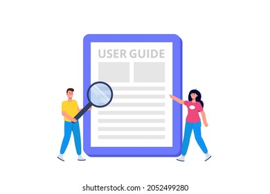 Concepto de estilo plano manual del usuario. Las personas con instrucciones de guía están discutiendo sobre el contenido del manual. Ilustración vectorial.