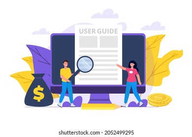 User manual  flat style concept. People with guide instruction are discussing about content of handbook. Vector illustration.