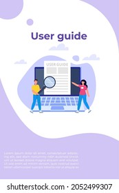 User manual  flat style concept. People with guide instruction are discussing about content of handbook. Vector illustration.