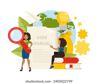 User manual. Frequently asked questions and information for customers. User manual, reference manual, user manual. Cartoon flat vector illustration