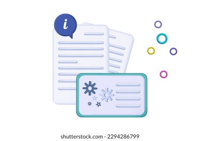 Manual de usuario, guía 3d. Instrucciones en papel, visualización y estudio de la información, una lista de acciones correctas. Guía con consejos de uso, manual. Ilustración vectorial.