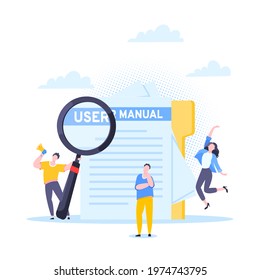 User manual guide book flat style design vector illustration. Tiny people, magnifying glass and paper file working together with guide book. Specifications user guidance document.