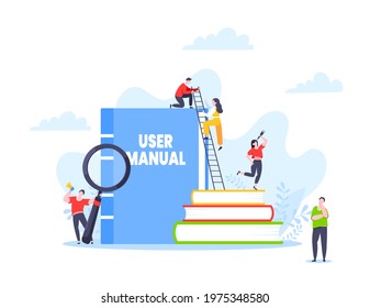 User manual guide book flat style design vector illustration. Tiny people, magnifying glass and guidance manual instructions working together with guide book. Specifications user guidance document.