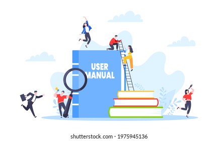 User manual guide book flat style design vector illustration. Tiny people, magnifying glass and guidance manual instructions working together with guide book. Specifications user guidance document.