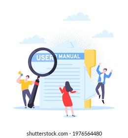 User manual guide book flat style design vector illustration. Tiny people, magnifying glass and paper file working together with guide book. Specifications user guidance document.