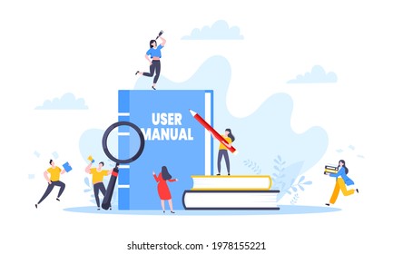 User manual guide book flat style design vector illustration. Tiny people, magnifying glass and guidance manual instructions working together with guide book. Specifications user guidance document.
