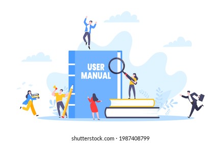 User manual guide book flat style design vector illustration. Tiny people, magnifying glass and guidance manual instructions working together with guide book. Specifications user guidance document.