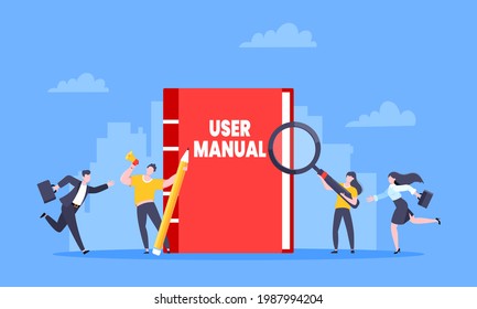 User manual guide book flat style design vector illustration. Tiny people and guidance manual instructions working together with guide book. Specifications user guidance document.