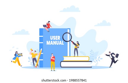 User manual guide book flat style design vector illustration. Tiny people, magnifying glass and guidance manual instructions working together with guide book. Specifications user guidance document.