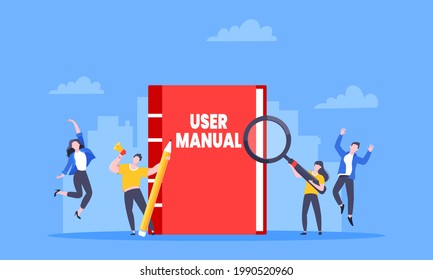 User manual guide book flat style design vector illustration. Tiny people and guidance manual instructions working together with guide book. Specifications user guidance document.