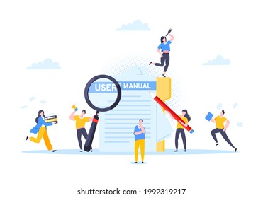 User manual guide book flat style design vector illustration. Tiny people and guidance manual instructions working together with guide book. Specifications user guidance document.