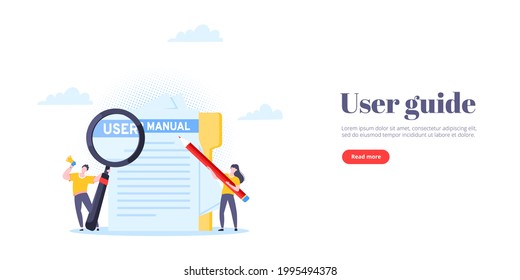 User manual guide book flat style design vector illustration. Tiny people, magnifying glass and pencil working together with guide book. Specifications user guidance document.