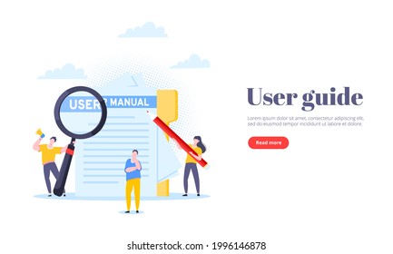 User manual guide book flat style design vector illustration. Tiny people, magnifying glass and pencil working together with guide book. Specifications user guidance document.
