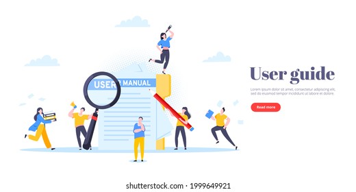 User manual guide book flat style design vector illustration. Tiny people and guidance manual instructions working together with guide book. Specifications user guidance document.