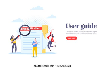 User Manual Guide Book Flat Style Design Vector Illustration. Tiny People, Magnifying Glass Working Together With Guide Book. Specifications User Guidance Document.