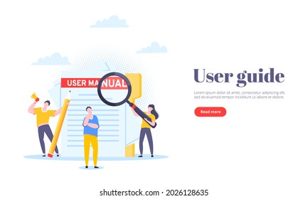 User manual guide book flat style design vector illustration. Tiny people, magnifying glass working together with guide book. Specifications user guidance document.