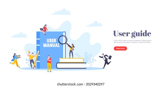 User manual guide book flat style design vector illustration. Tiny people, magnifying glass and guidance manual instructions working together with guide book. Specifications user guidance document.