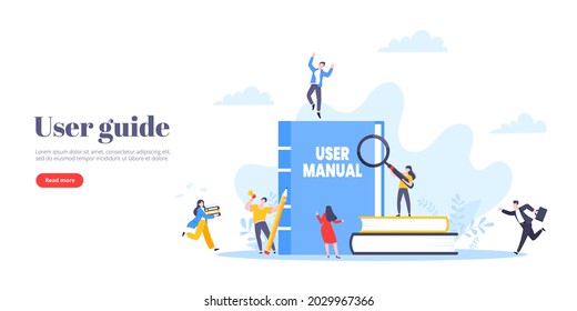 User manual guide book flat style design vector illustration. Tiny people, magnifying glass and guidance manual instructions working together with guide book. Specifications user guidance document.