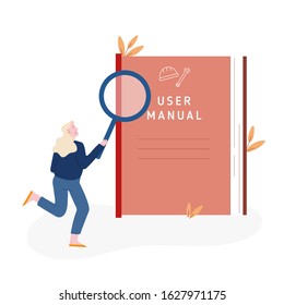 User Manual, Guide Book or Technical Instruction Concept. Tiny Female Character Looking through Magnifying Glass on Handbook with Guidance and Tutorial for Users. Cartoon Flat Vector Illustration