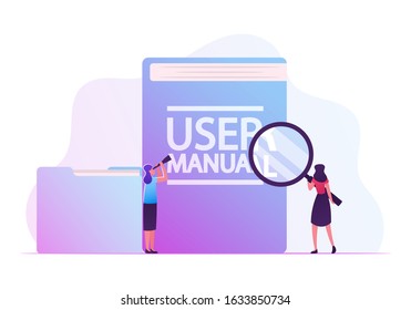 User Manual, Guide Book or Technical Instruction Concept. Tiny Girls Looking through Magnifying Glass and Spyglass on Huge Handbook with Guidance and Users Tutorials. Cartoon Flat Vector Illustration