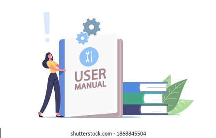 User Manual, Guide Book or Technical Instruction Concept. Tiny Female Character Carry Huge Handbook with Guidance and Tutorial for Users. Customer Support, Aid. Cartoon People Vector Illustration