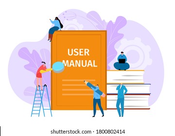 User manual guide book, vector illustration. Guidance by information, tutorial and support advice document instructions. Flat guidebook for men women character people, who read handbook.