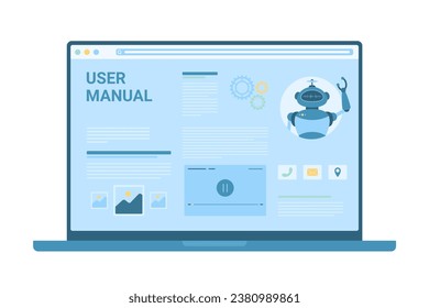 User manual guide on laptop desktop vector illustration. Cartoon isolated web guidance service with tutorials, data references and robot character, training service to learn and download information